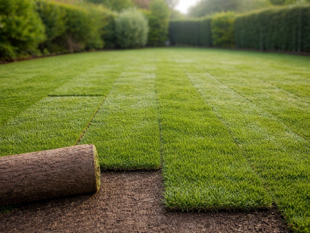 Gazon en rouleau fraîchement posé dans un jardin, plaques bien jointes prêtes à être piétinées.
