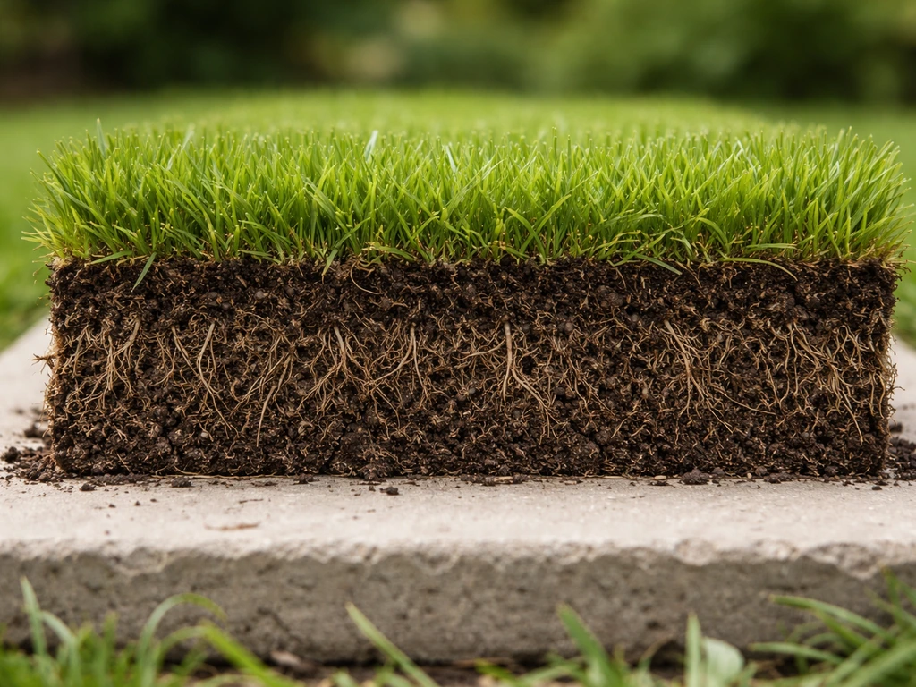 Coupe réaliste d’un rouleau de gazon : couche d’herbe en haut et substrat avec racines en bas.