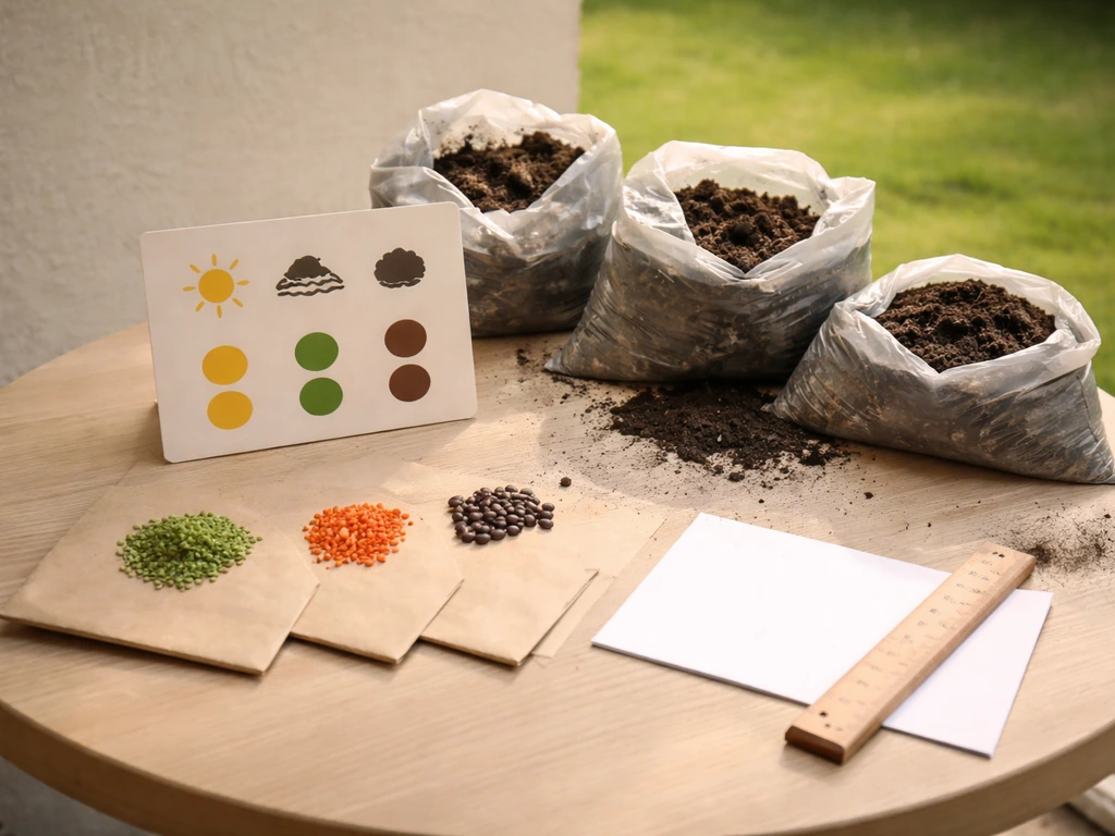Table en extérieur avec pictogrammes de jardin indiquant plein soleil/mi-ombre et pastilles d’épaisseur, sans texte.