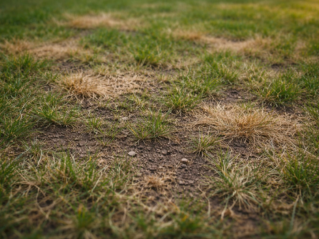 Pelouse clairsemée avec zones jaunes et brunes, brins d’herbe espacés, vue rapprochée du sol.