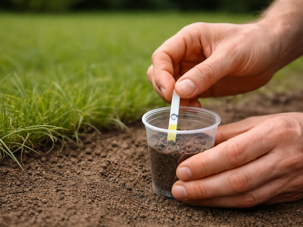 Personne testant le pH du sol avec un kit au bord de la pelouse, gobelet et bandelette visibles.