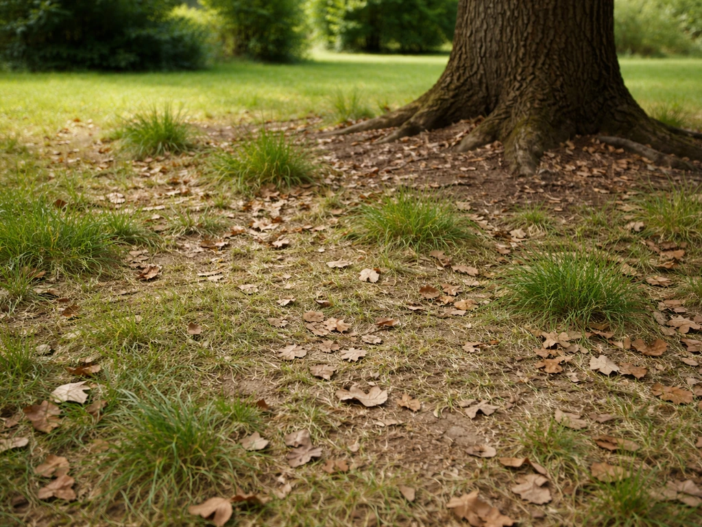 Pelouse clairsemée sous un arbre, sol nu et feuilles mortes réduisant la densité du gazon.