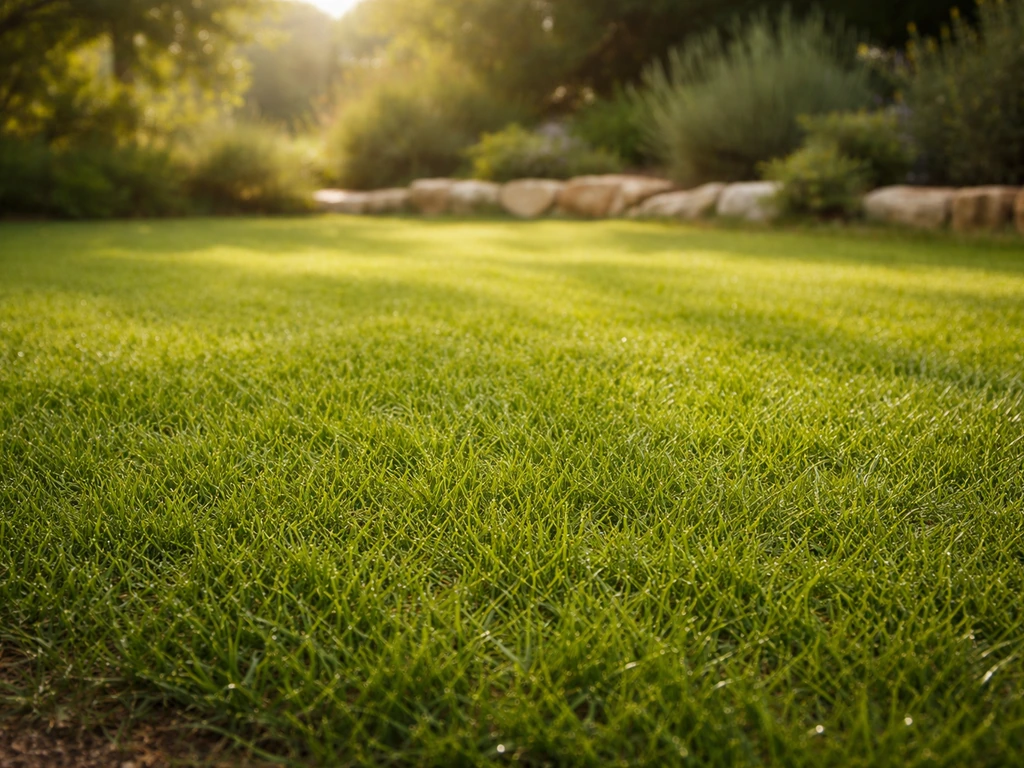 Pelouse méditerranéenne dense et verdoyante sous un soleil d’été, jardin du Sud de la France.