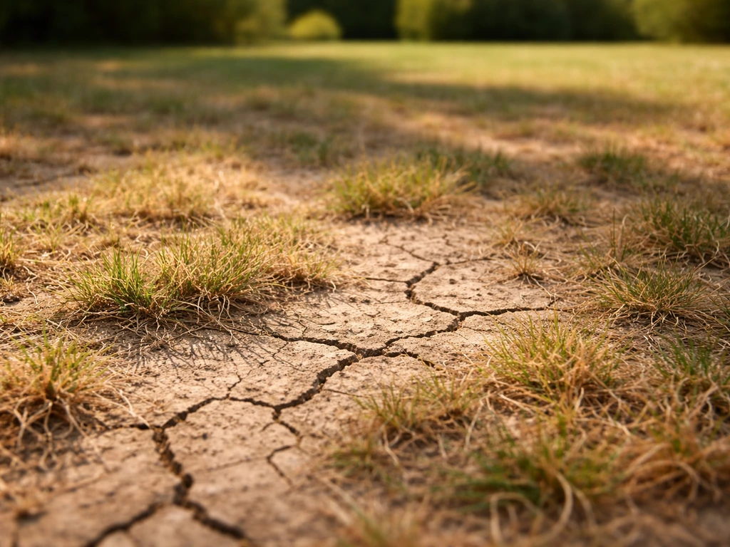 Gazon du Sud desséché avec sol craquelé et plaques brunes, images de chaleur et sécheresse.