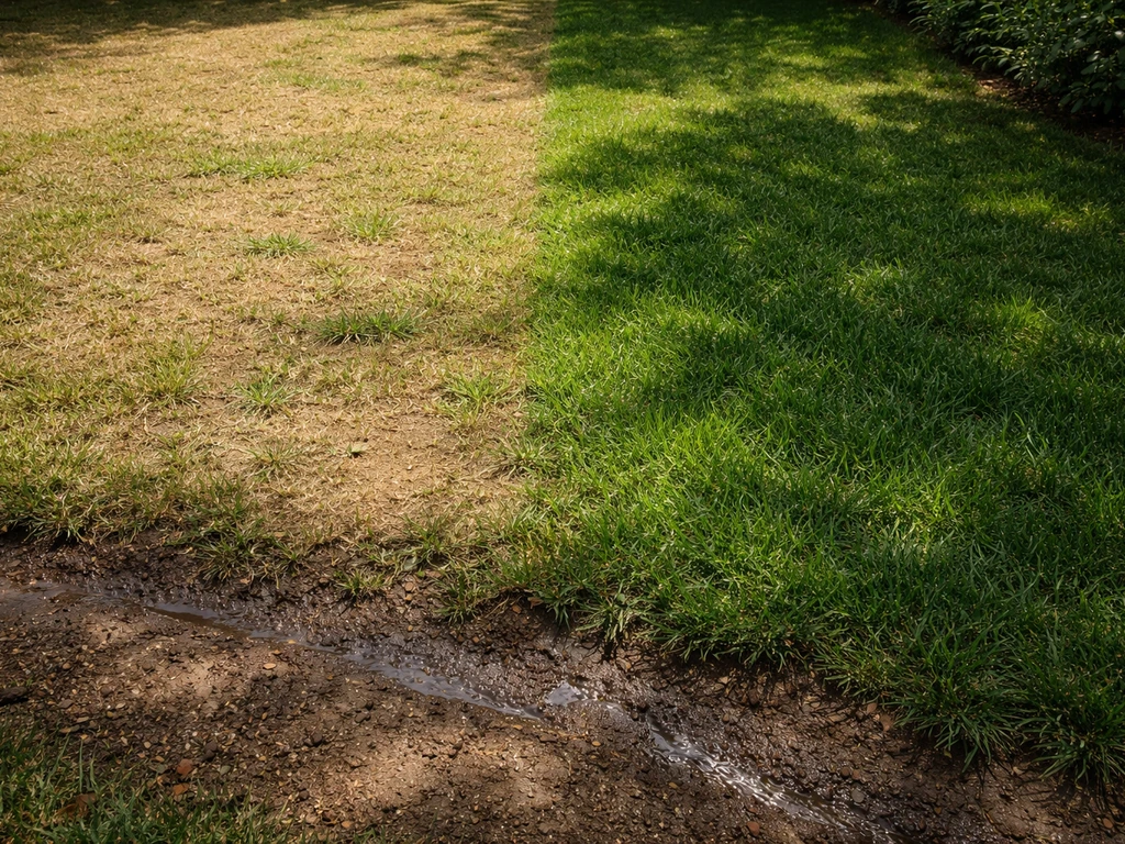 Pelouse sur un sol ensoleillé vs zone partiellement ombragée, humidité différente et légère infiltration du sol.