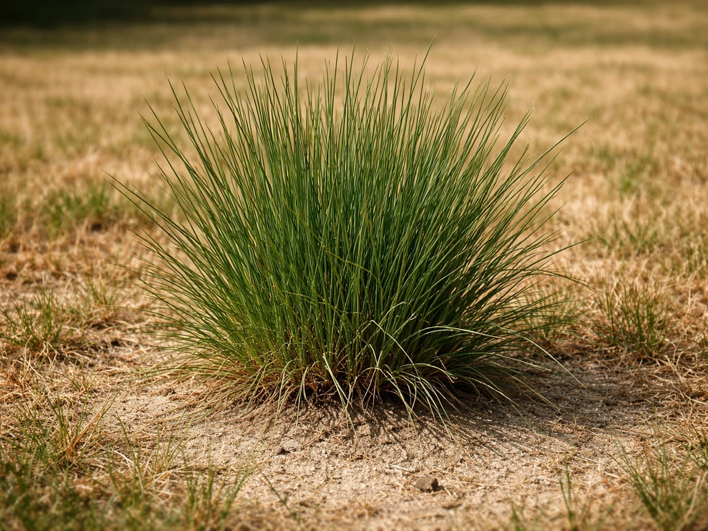 Gros plan d’une touffe de fétuque élevée avec racines visibles, sur une pelouse sèche du Sud