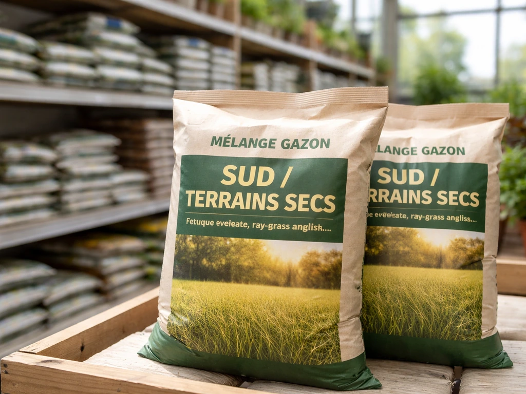 Sacs de mélange de gazon « Sud / terrains secs » en jardinerie, composition visible sur l’étiquette.