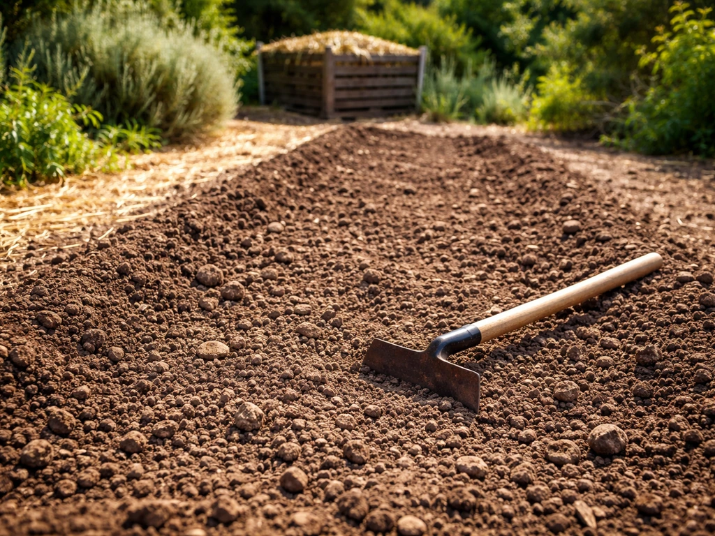 Sol de jardin propre et ameubli avant semis, outil de jardin au premier plan, désherbage terminé.