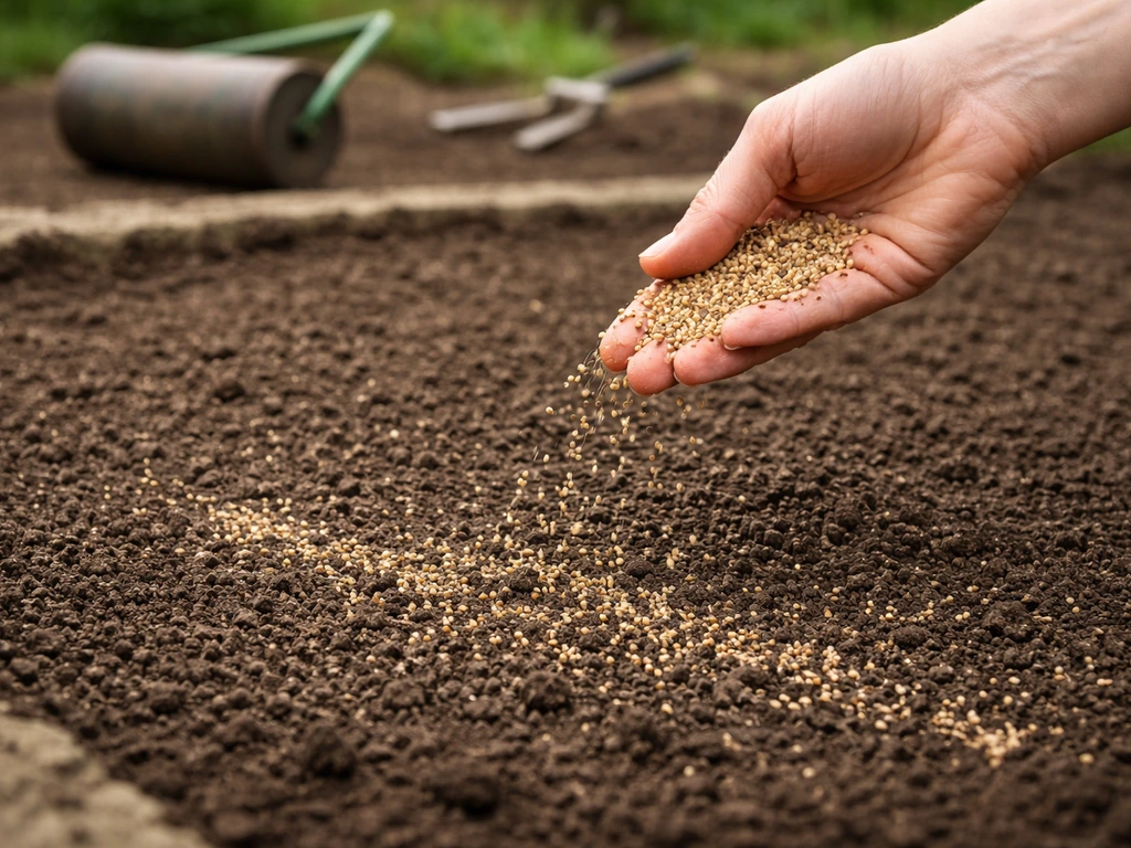 Main répandant des graines sur un sol nivelé, terreau légèrement incorporé et surface prête à lever.