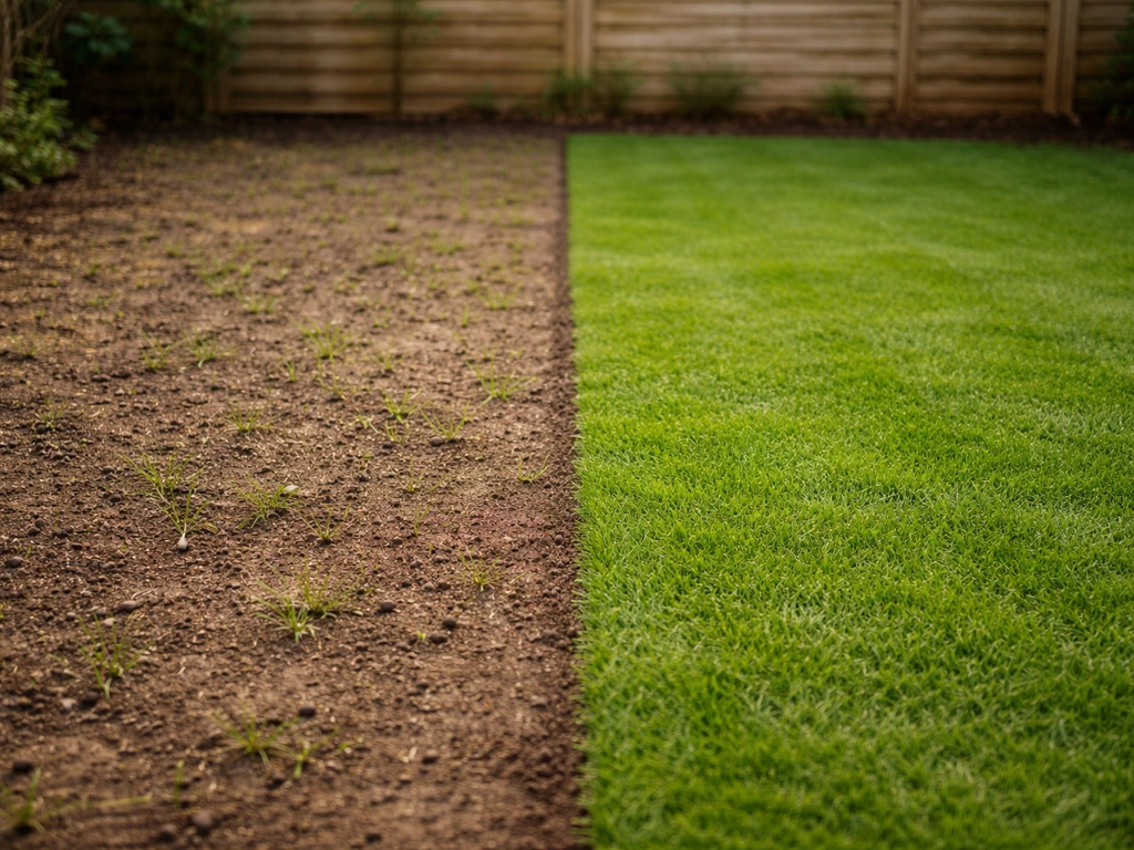 Comparaison visuelle : semis de pelouse vs gazon en rouleau, deux zones de jardin côte à côte avec reprise visible.