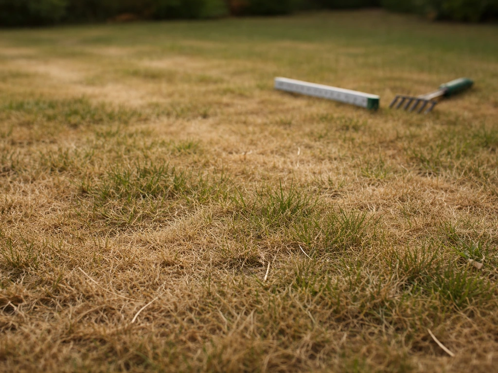 Pelouse jaune paille avec zones plus claires, un mètre de jardin discret pour un diagnostic rapide.