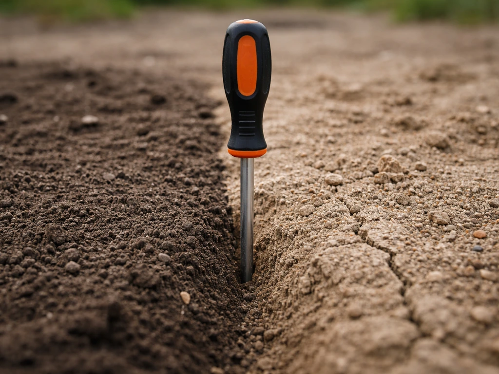 Gros plan d’un tournevis enfoncé à ~10 cm dans le sol, texture du terrain visible, différence de compacité.
