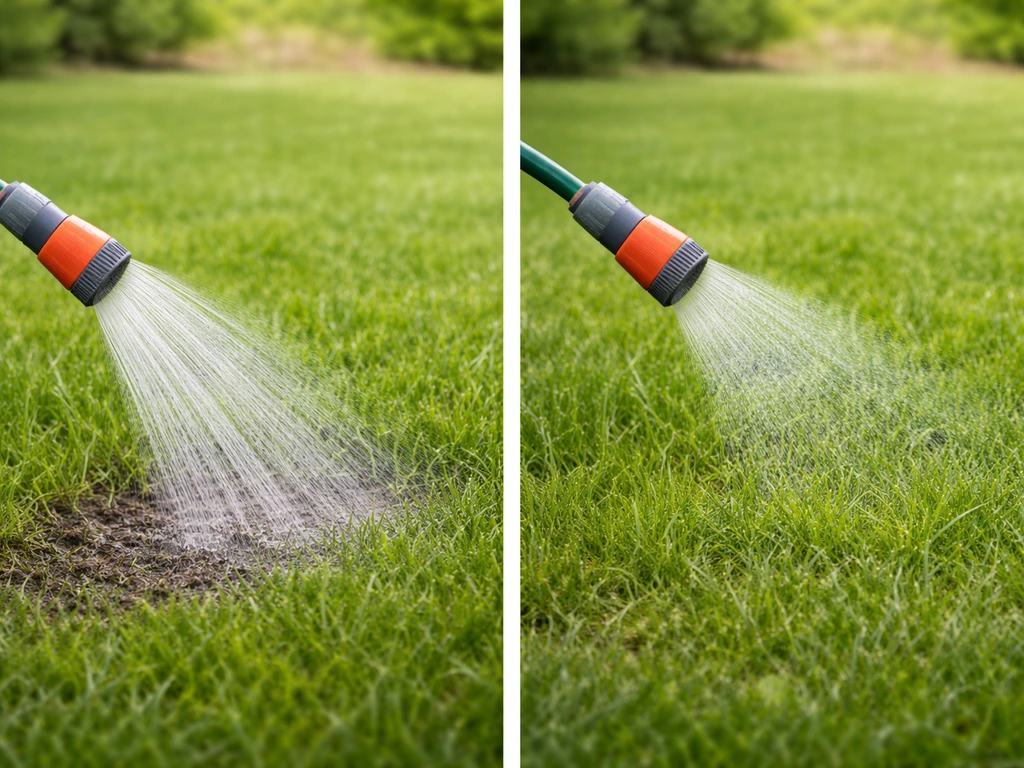 Tuyau d’arrosage en jet au sol : zone humide en profondeur à gauche, légère à droite sur une pelouse.