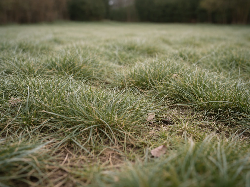 Pelouse d’hiver en France, herbe haute et clairsemée, hauteur de tonte en pause.