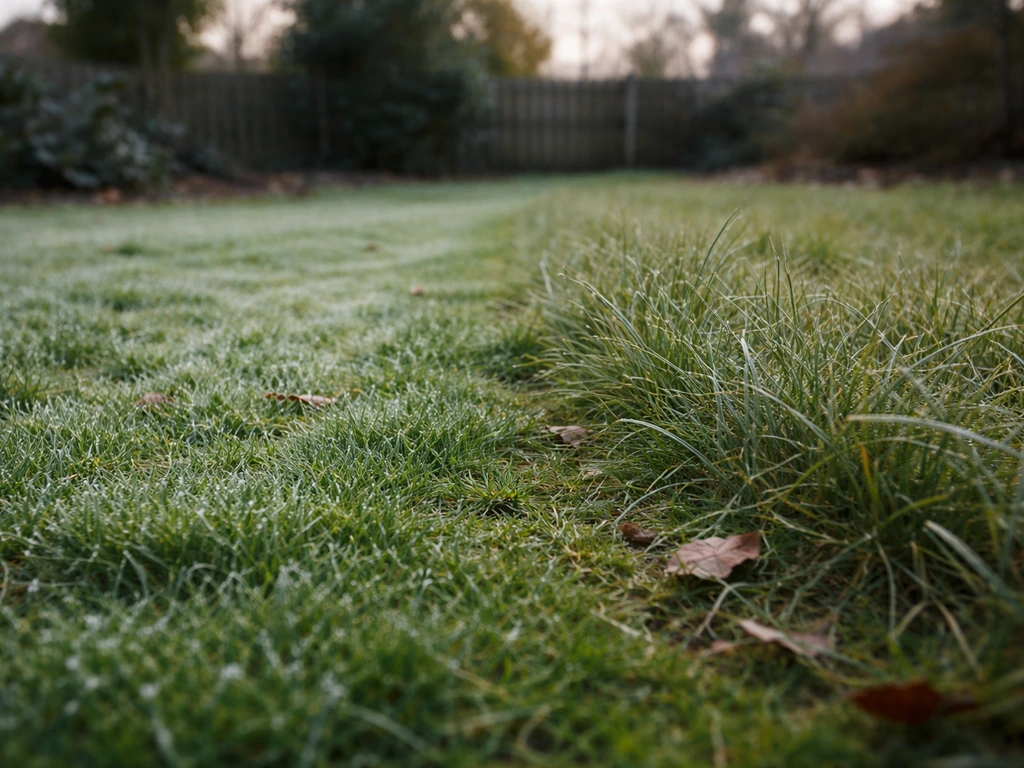 Pelouse en hiver : herbe légèrement entretenue par endroits et plus haute ailleurs, ambiance de jardin calme.
