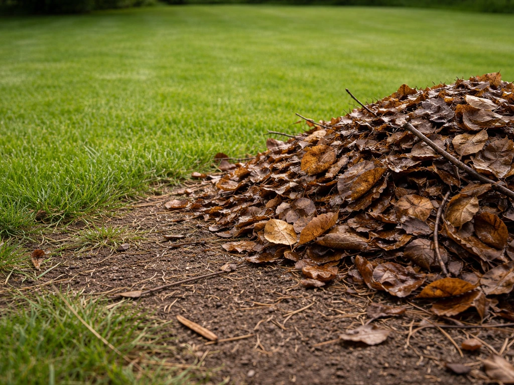 Feuilles mortes et débris ramassés au bord d’une pelouse, laissant la zone prête pour la tonte.