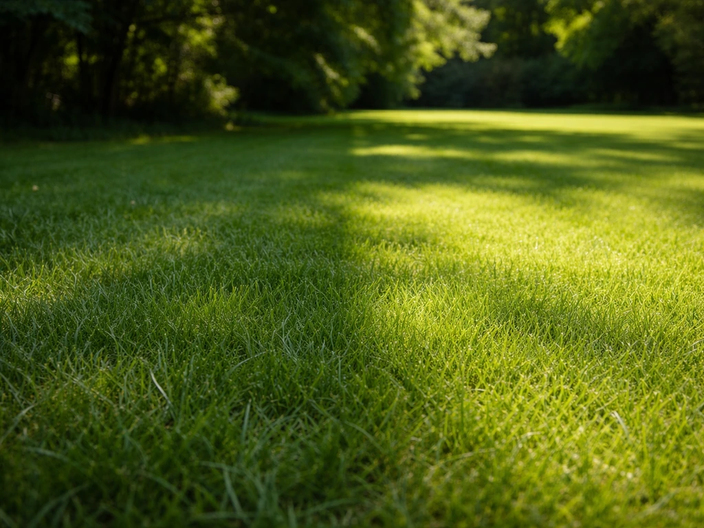 Pelouse divisée en deux zones : sous les arbres à 6–7 cm et zone ensoleillée à hauteur légèrement différente.