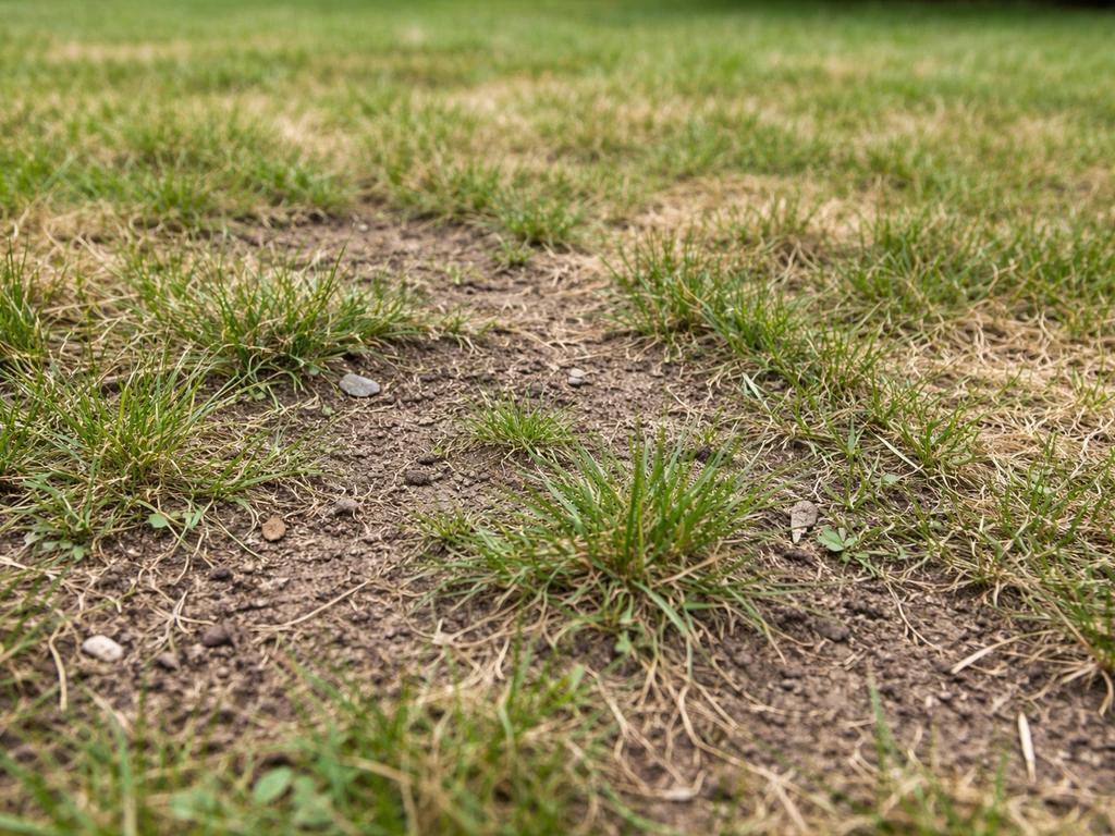 Gazon irregulier en gros plan : zones clairsemées, terre visible et herbes irrégulières à diagnostiquer.
