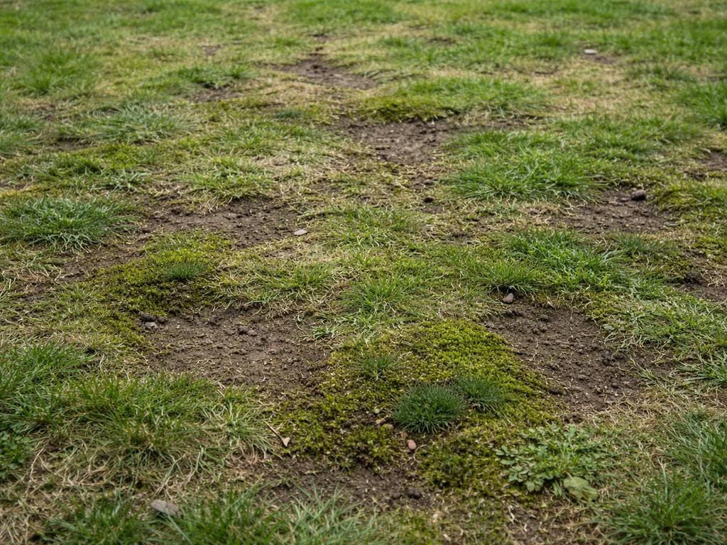 Pelouse irrégulière avec zones dénudées, herbe clairsemée et plaques de mousse visibles au sol.