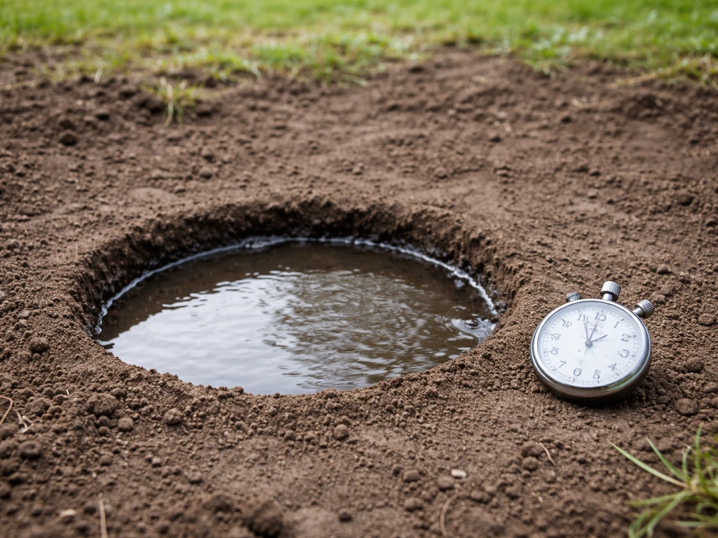 Trou de drainage creusé, rempli d’eau, avec un chronomètre posé au sol pour illustrer un test.