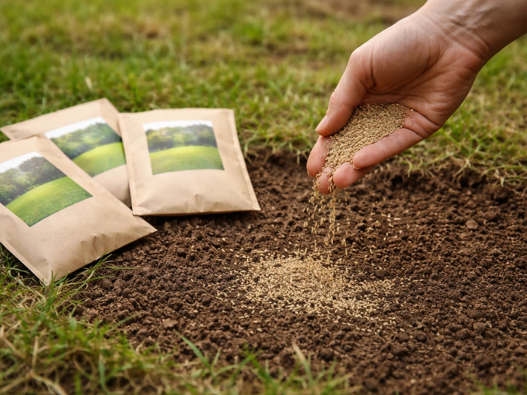 Main qui sème des graines de gazon dans un petit carré de terre, avec sachets de semences près de là.