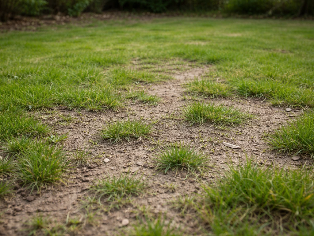 Pelouse française avec zones clairsemées et trous, vue jardin au printemps avant réparation du gazon mal semé.