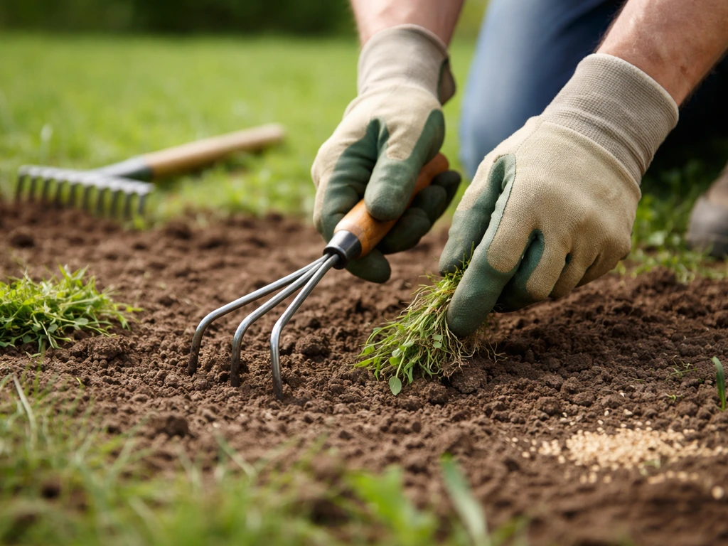 Mains tenant une griffe désherbante, en train d’enlever des herbes adventices sur une petite zone de terre.