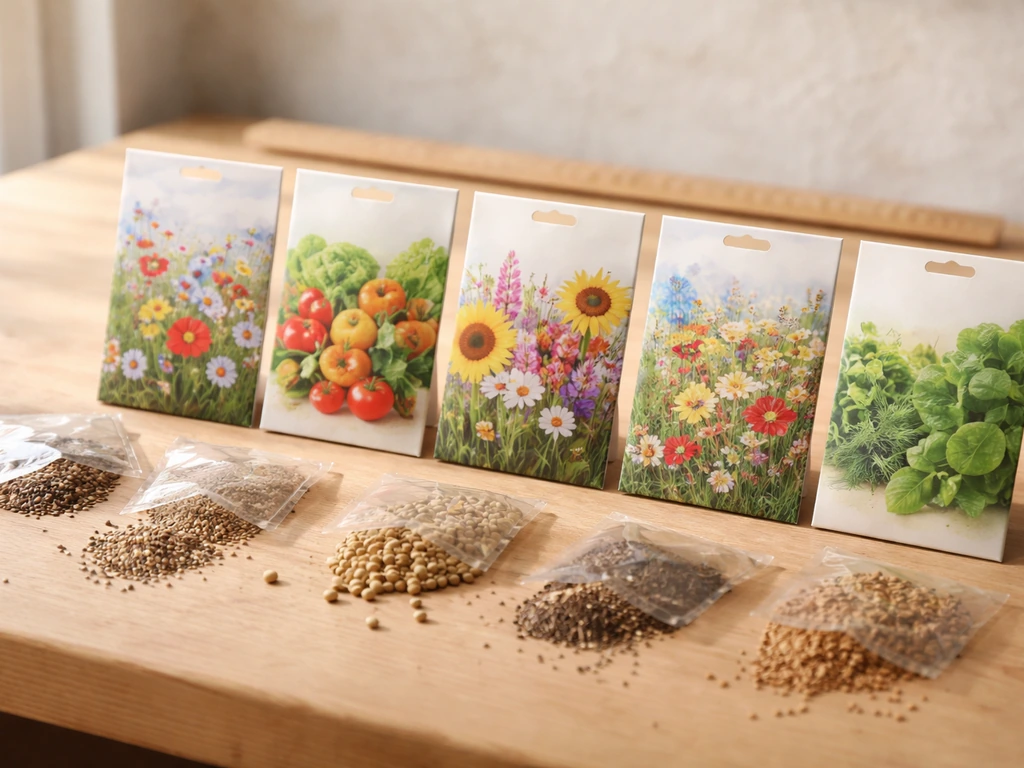 Plusieurs pochettes de semences de mélanges commerciaux posées sur une table, échantillons visibles.