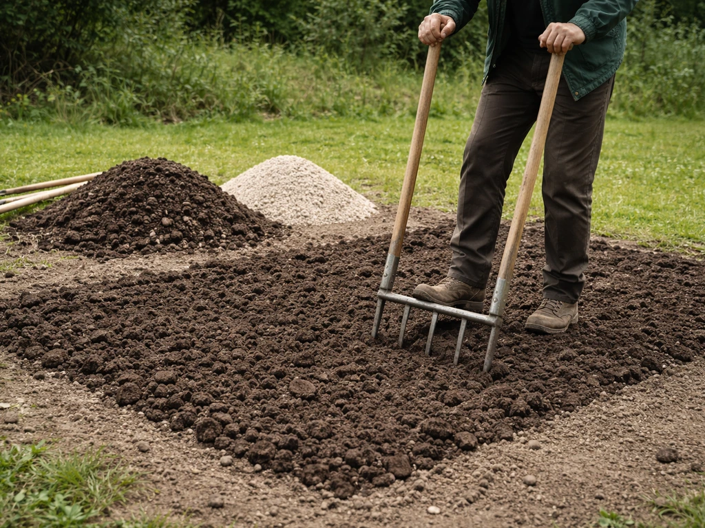 Jardinier décompactant le sol à la grelinette avant un semis, avec compost et sable visibles.