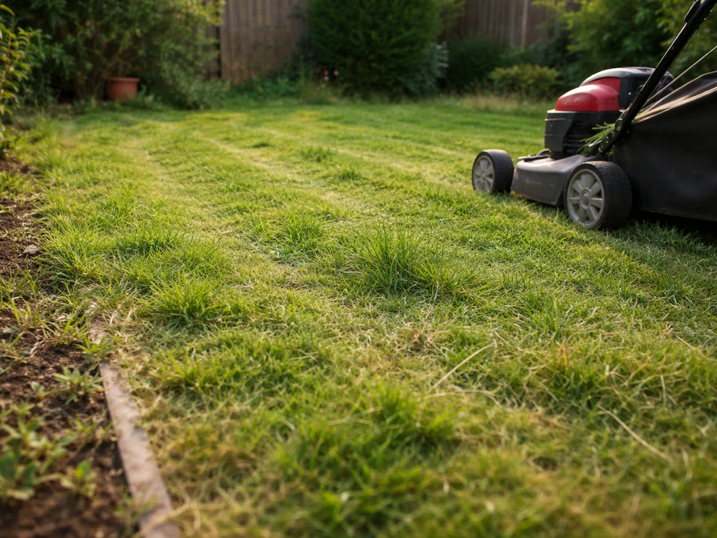 Gazon mal tondu avec bandes irrégulières et tondeuse à proximité dans un jardin de banlieue.