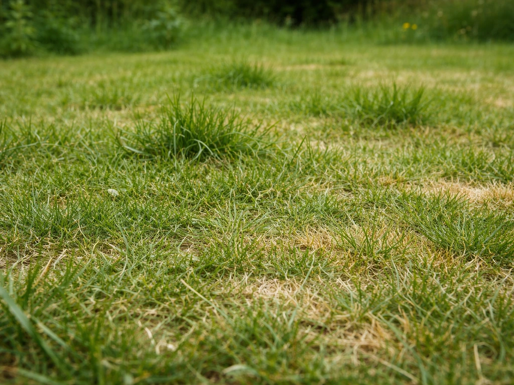 Pelouse irrégulièrement tondue : herbe effilochée, touffes plus hautes et zones jaunies visibles.