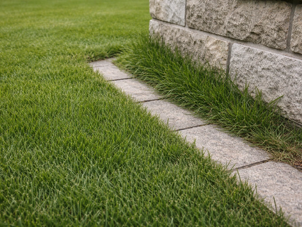 Frange d’herbe plus haute le long d’une bordure en pierre près d’un mur, là où la tondeuse n’atteint pas.