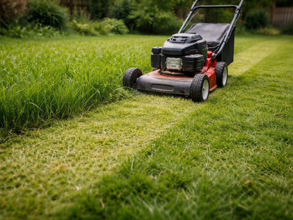 Tondeuse en action sur une pelouse irrégulière, zone rase à côté d’herbe plus longue à rattraper.