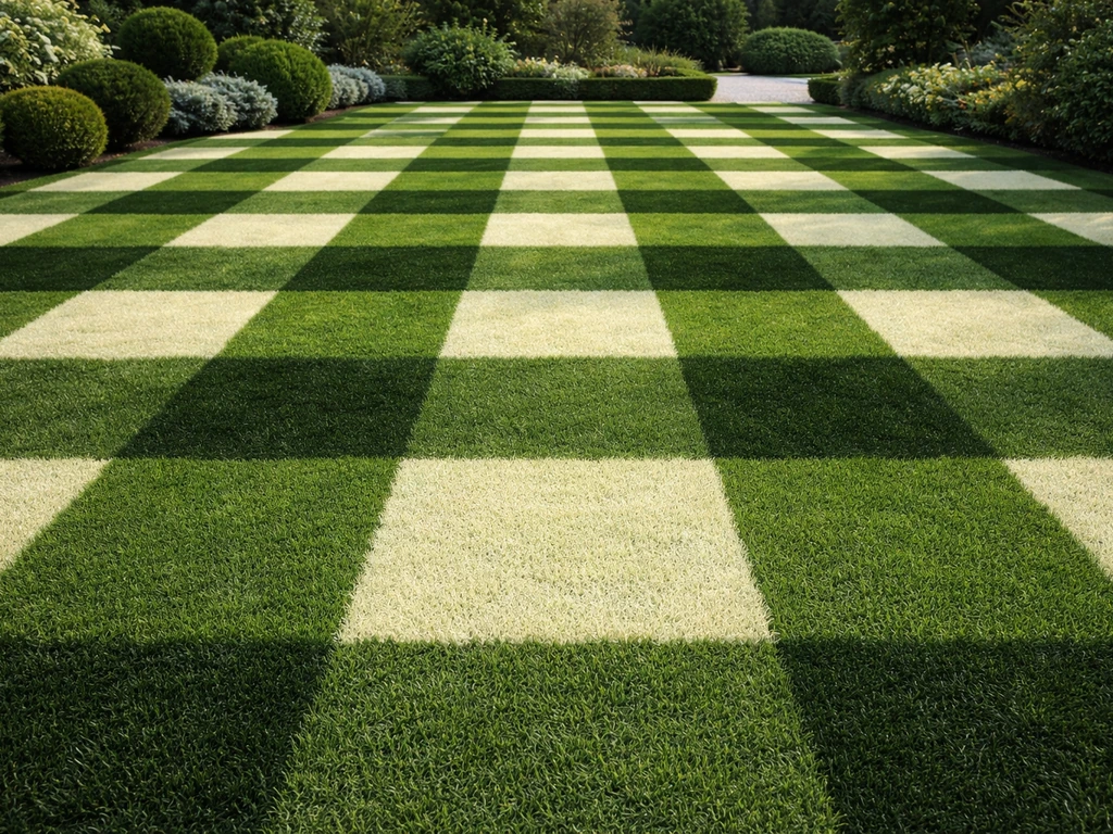 Gazon noir et blanc très contrasté en quadrillage net dans un jardin français, rendu photogénique