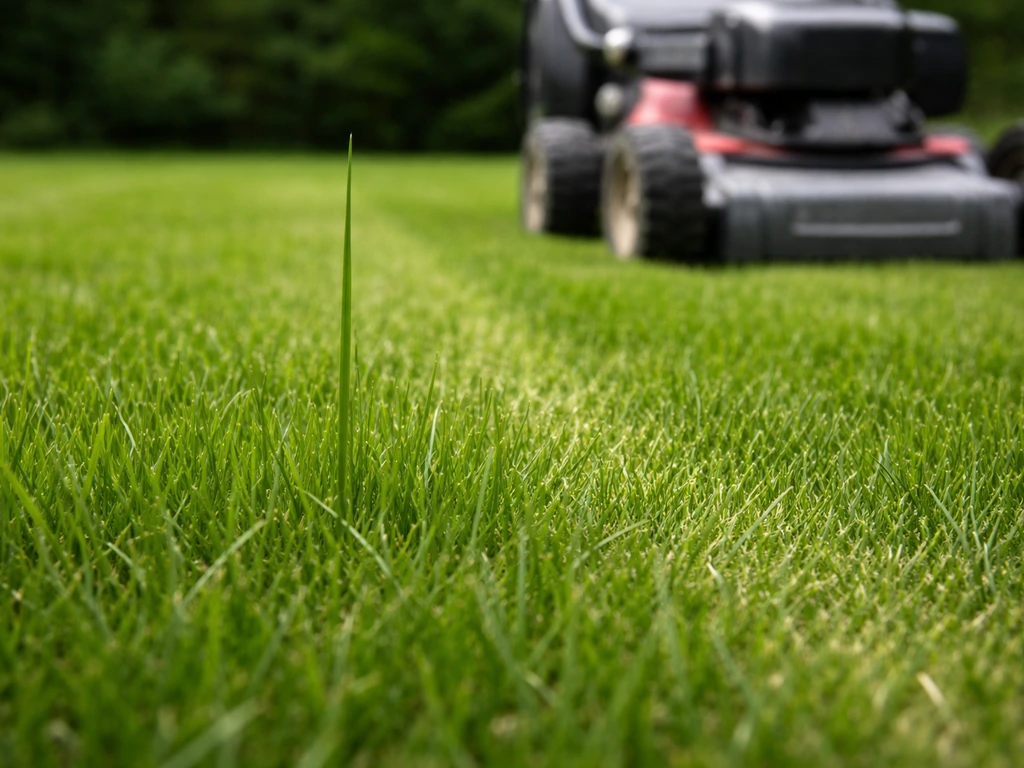 Gazon avec brins légèrement plus longs et tondeuse réglée, brin au premier plan pour illustrer la hauteur de coupe.