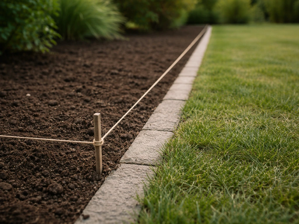 Jardin soigné : bordure rectiligne et ficelle tendue au sol pour tracer un motif bicolore