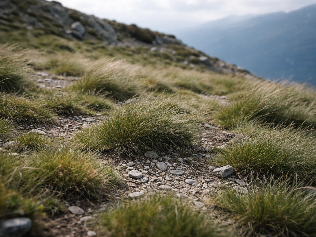 Pelouse de montagne sur une pente rocheuse, avec graminées résistantes au vent et au froid.