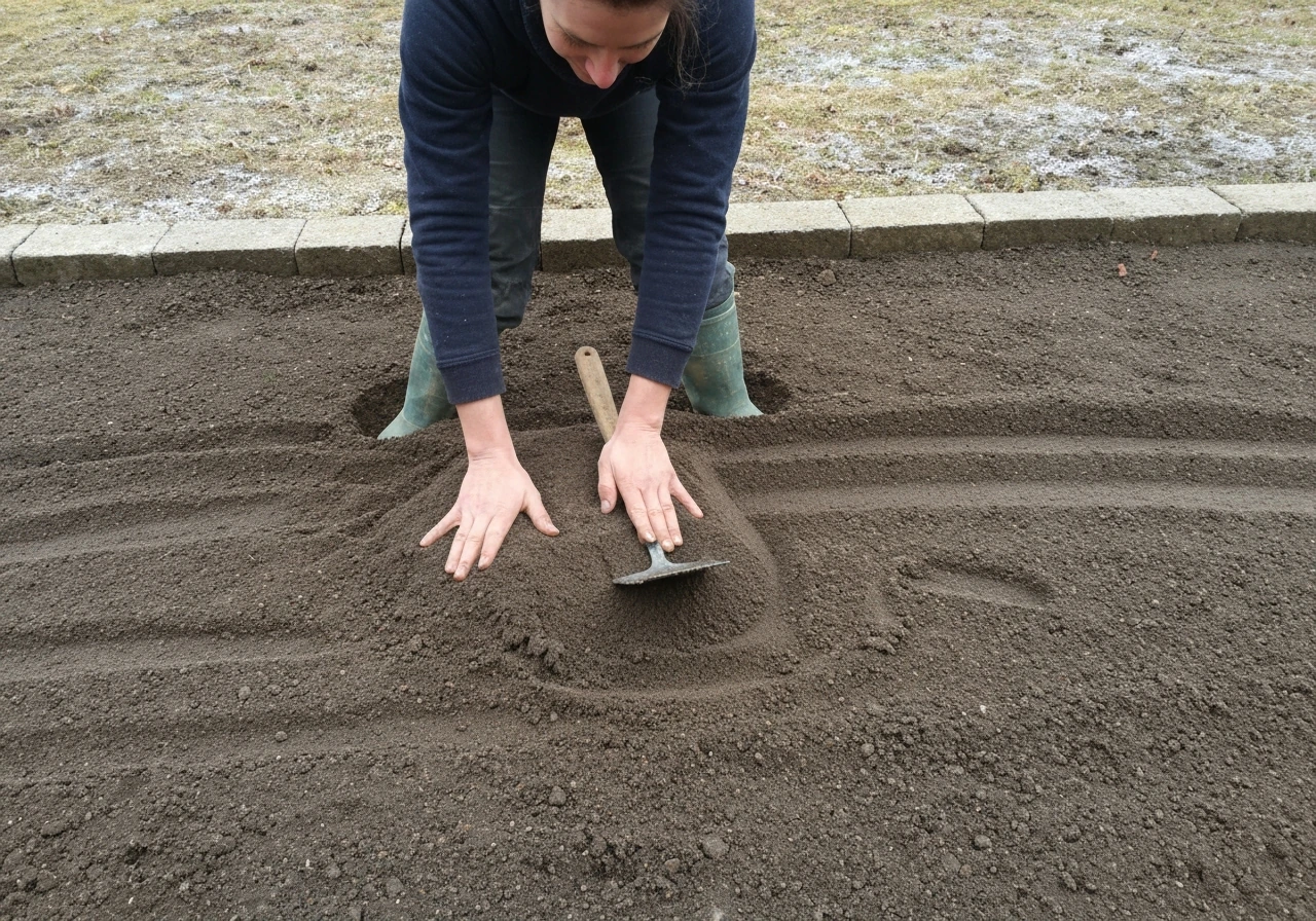 Mains au travail : sable horticole incorporé dans une terre argileuse lourde pour améliorer le drainage.