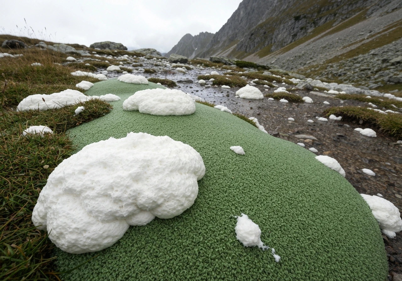 Gazon de montagne recouvert de mousse sombre, feutrage visible, air froid et terrain légèrement humide