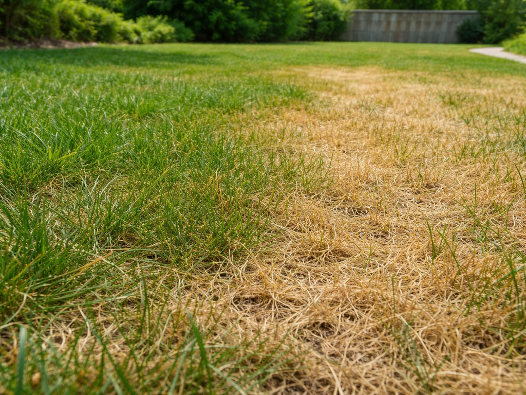 Pelouse d’été avec zones vertes et larges plaques jaunes desséchées, indiquant un gazon qui jaunit.