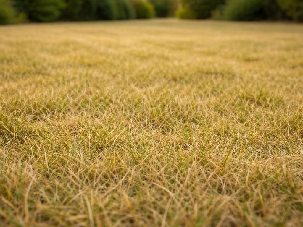 Pelouse jaune uniformément, vue rapprochée sur l’herbe jaunit-verte, texture naturelle.