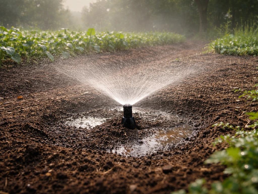 Arroseur en action tôt le matin dans un potager, sol assombri montrant une bonne infiltration de l’eau.