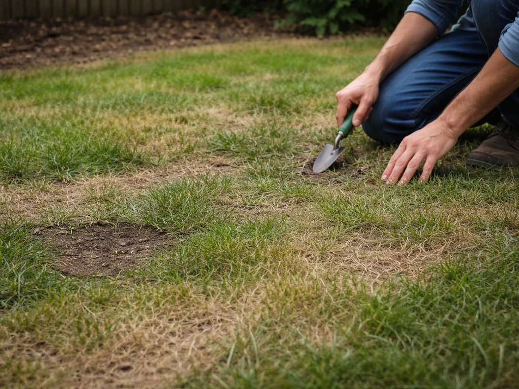 Pelouse observée au jardin : traces d’arrosage et zones sèches, mains qui inspectent le sol.