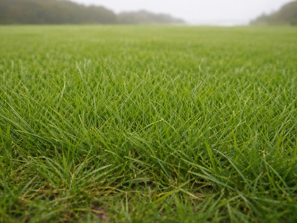 Pelouse en Bretagne/Normandie, herbe dense à texture fine, lumière naturelle de fin de printemps