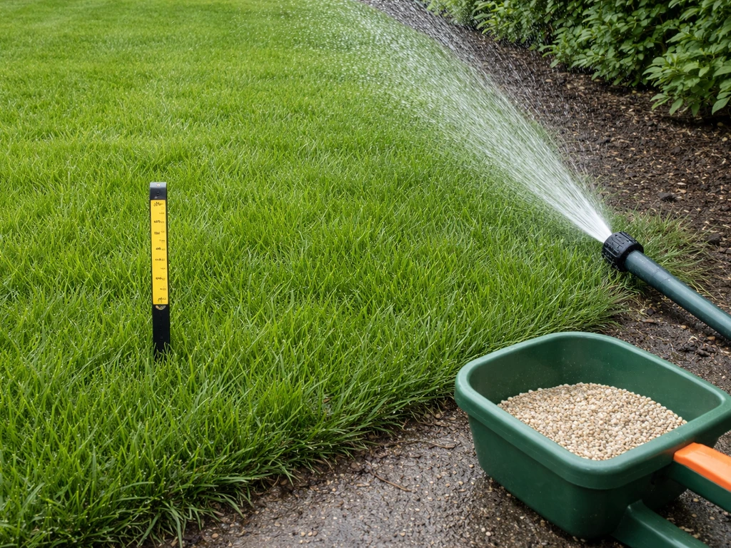 Pelouse verte avec règle de hauteur, jet d’eau au pied et épandeur à granulés, vue réaliste et minimale.