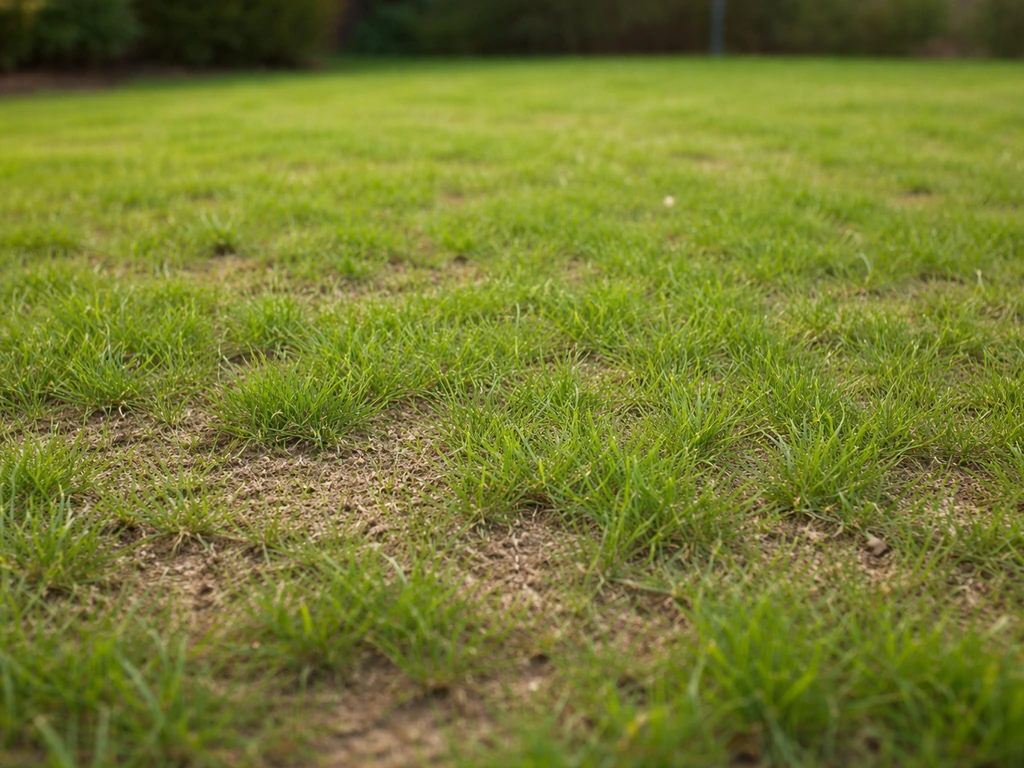 Pelouse en croissance après deux mois : brins de gazon visibles, zones encore plus claires par endroits.
