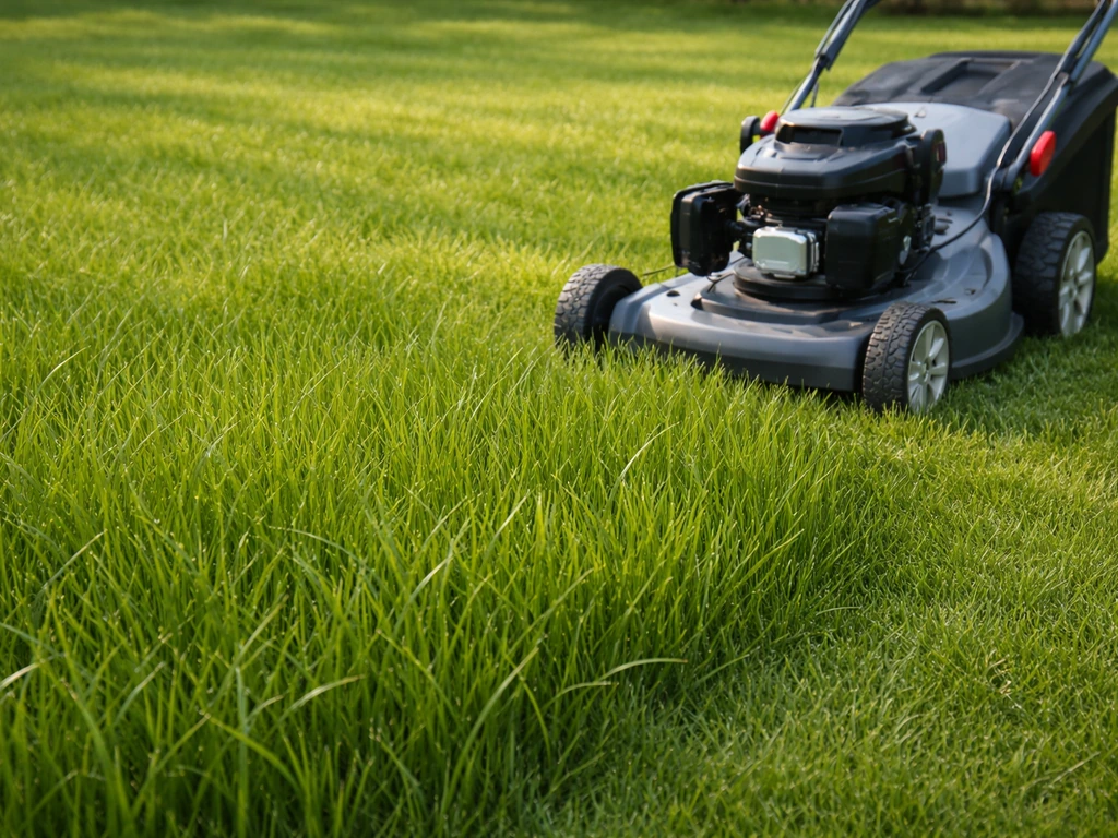Jeune pelouse de printemps (brins 8–10 cm) avec une tondeuse à côté, prête pour la première tonte
