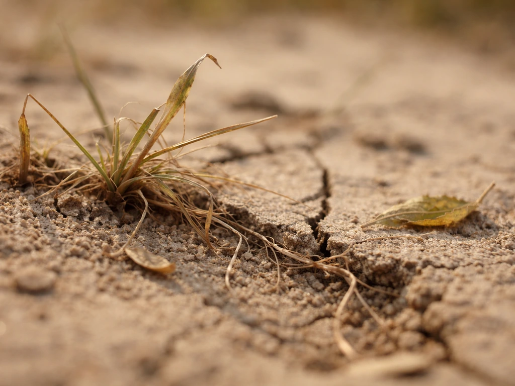 Brins d’herbe flétris sur un sol sableux très sec, racines visibles entre les grains.