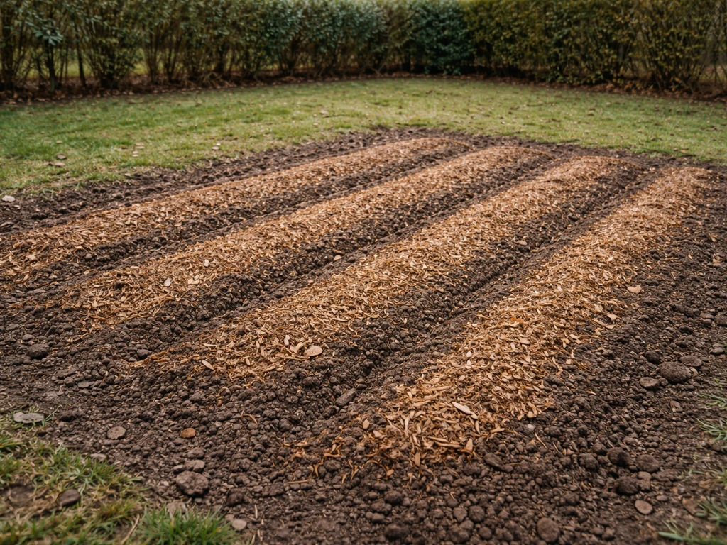 Parcelle de jardin en France avec sol préparé, graines semées et paillage léger pour un semis gazon d’hiver.