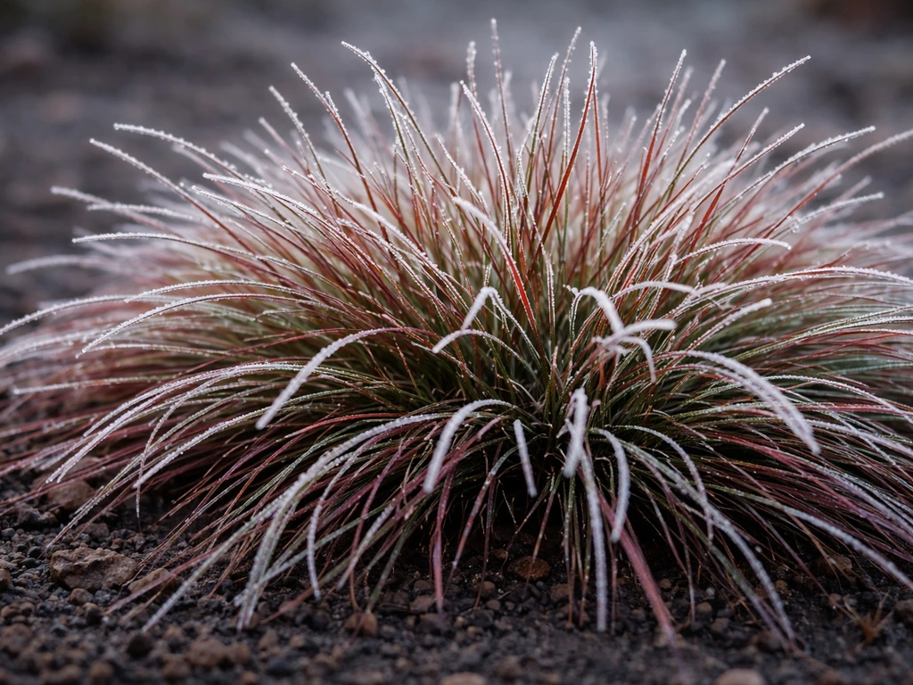 Gros plan sur un jeune gazon de fétuque rouge, feuillage fin et dense, par temps froid